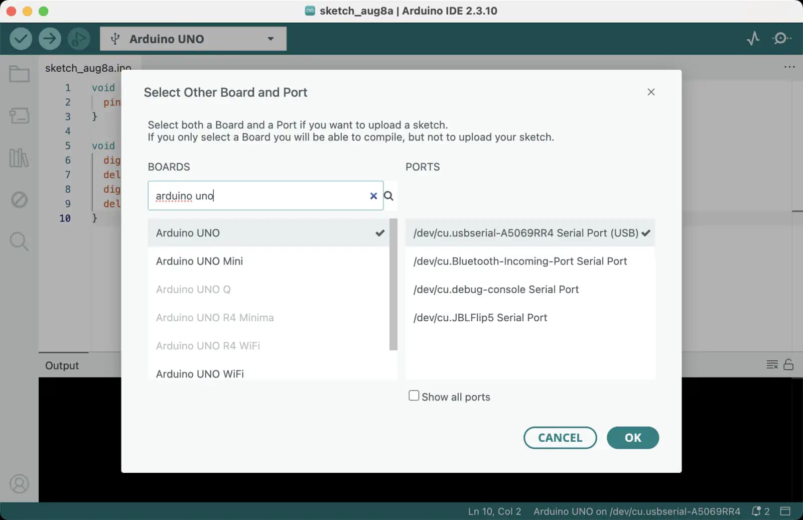 Диалог Select Other Board and Port с выбранной Arduino UNO и её портом