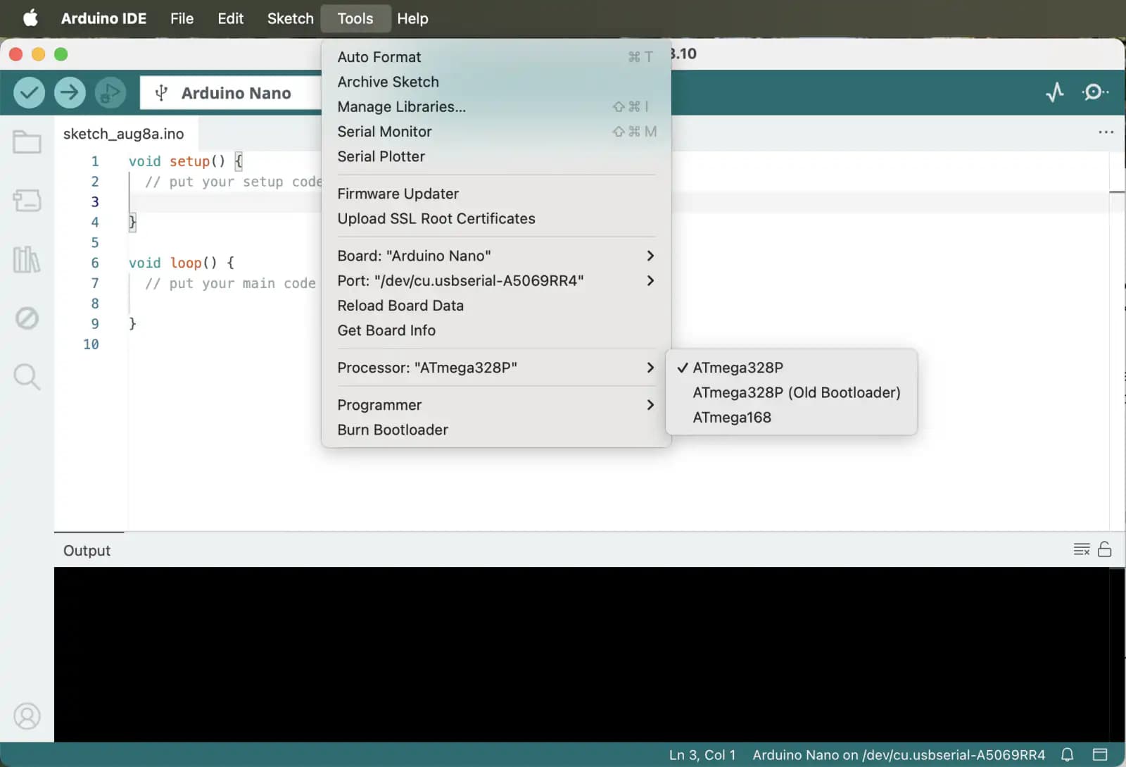 Меню Tools → Processor в Arduino IDE с вариантами ATmega328P