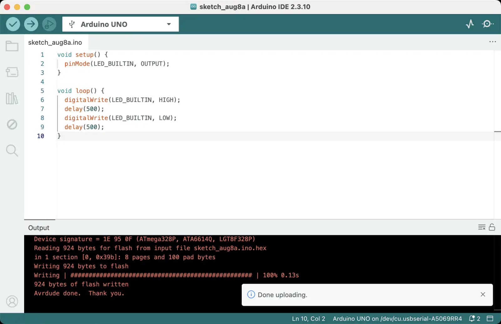 Сообщение Done uploading после загрузки скетча Blink в Arduino IDE