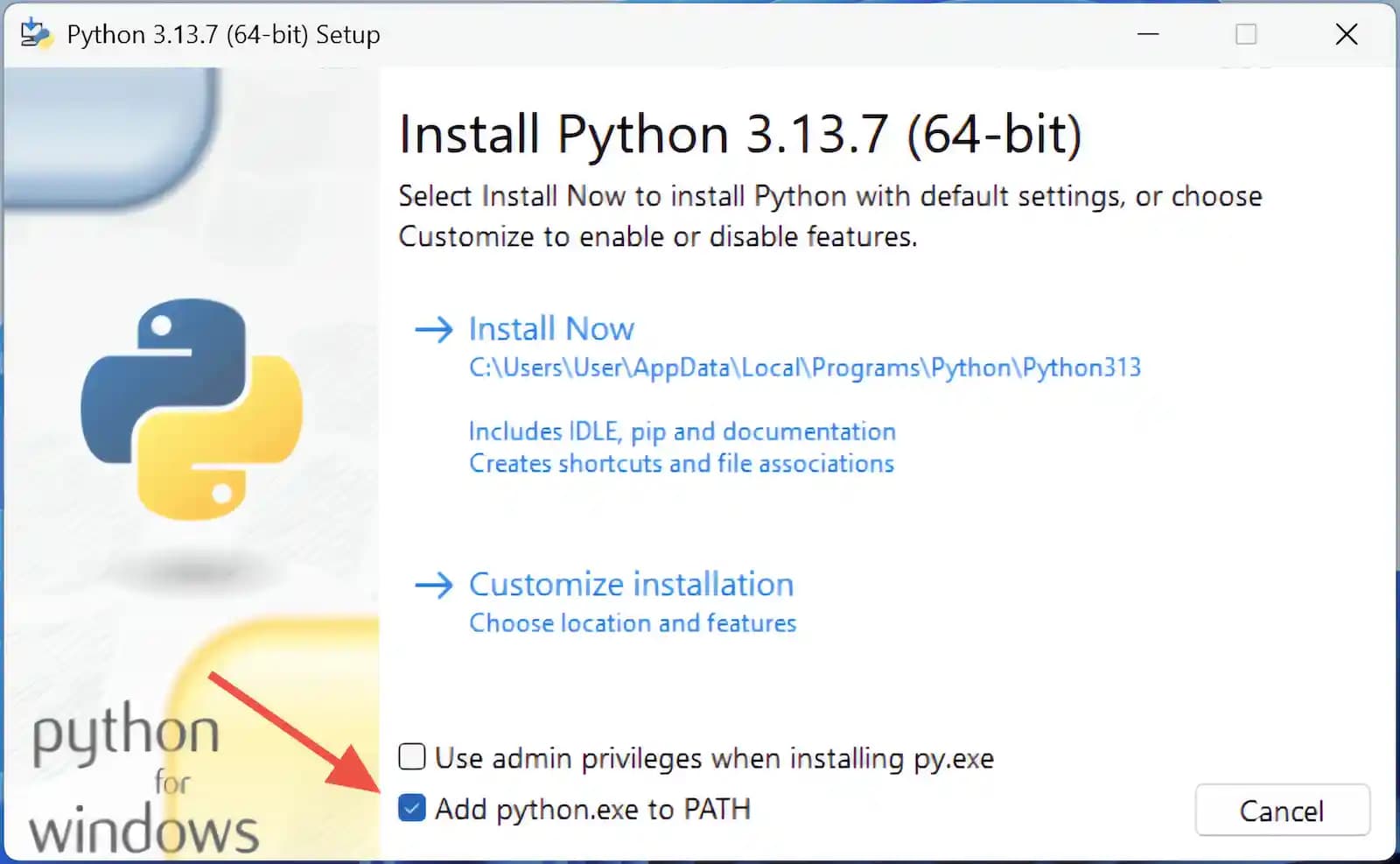 Установщик Python с галочкой Add python.exe to PATH